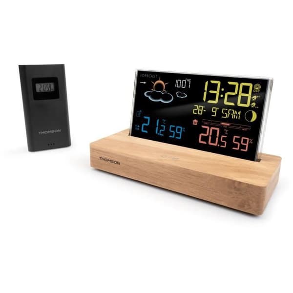 Väderstationsväckarklocka - THOMSON - Mörkt trä - Temperaturdisplay, Hygrometri, Dubbelt larm, USB-C, Trådlös prob