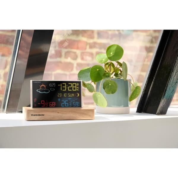 Väderstationsväckarklocka - THOMSON - Mörkt trä - Temperaturdisplay, Hygrometri, Dubbelt larm, USB-C, Trådlös prob