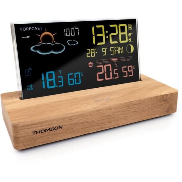 Väderstationsväckarklocka - THOMSON - Mörkt trä - Temperaturdisplay, Hygrometri, Dubbelt larm, USB-C, Trådlös prob