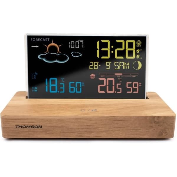 Väderstationsväckarklocka - THOMSON - Mörkt trä - Temperaturdisplay, Hygrometri, Dubbelt larm, USB-C, Trådlös prob