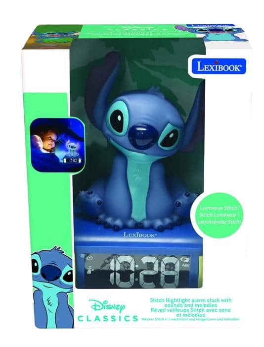 Stitch digital nattlampa väckarklocka, ljud och melodier, bakgrundsbelyst LCD-skärm, självlysande, Disney Stitch, blå, Lexibook, RL800D