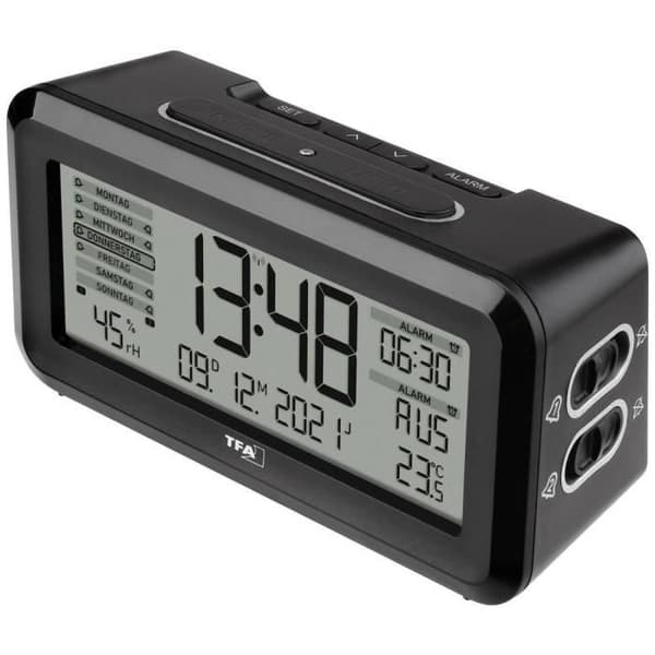 TFA Dostmann 60.2562.01 radiostyrd väckarklocka svart, silver 2 alarmtimmar