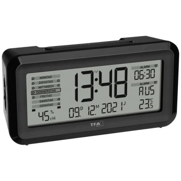 TFA Dostmann 60.2562.01 radiostyrd väckarklocka svart, silver 2 alarmtimmar