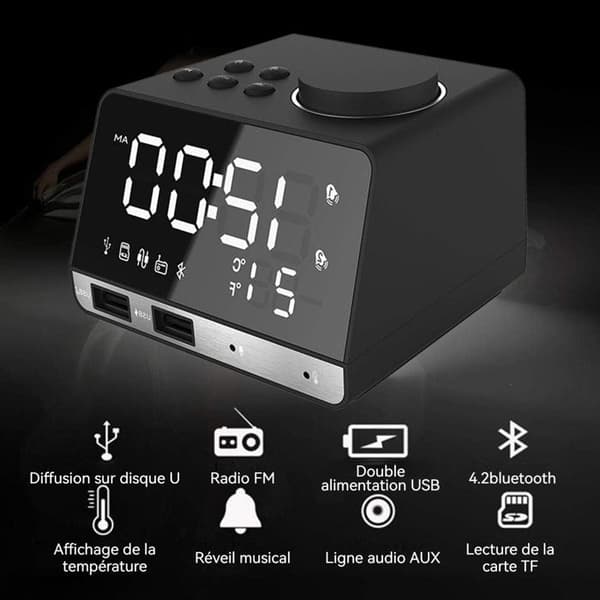 Multifunktionell digital väckarklocka AUX/TF/USB/FM bluetooth med brusreducerande mikrofon högtalare klockradio unisexpresenter