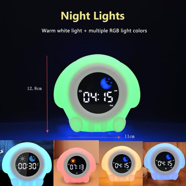 Bomclap Digital väckarklocka för barn med LED nattlampa, snooze, 7 färger, uppladdningsbar
