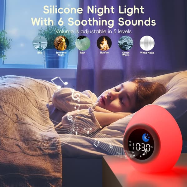 Bomclap Digital väckarklocka för barn med LED nattlampa, snooze, 7 färger, uppladdningsbar