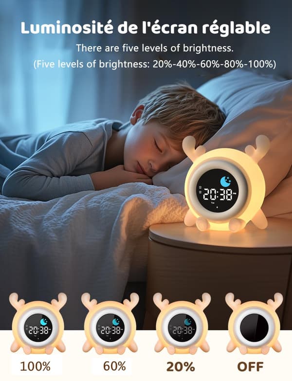 Bomclap Digital väckarklocka för barn med LED nattlampa, snooze, 7 färger, uppladdningsbar