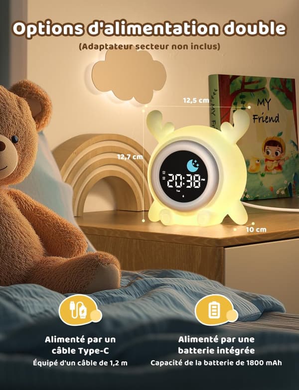 Bomclap Digital väckarklocka för barn med LED nattlampa, snooze, 7 färger, uppladdningsbar