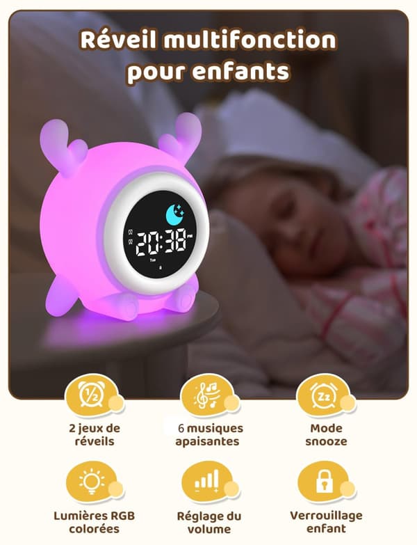 Bomclap Digital väckarklocka för barn med LED nattlampa, snooze, 7 färger, uppladdningsbar
