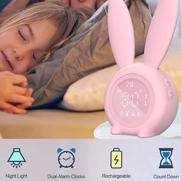 OBOSOE Digital Kids Clock / Kids Vækkeur Kanin – Justerbar Natlys Med 5 Genopladelige Alarmer Til Soveværelse