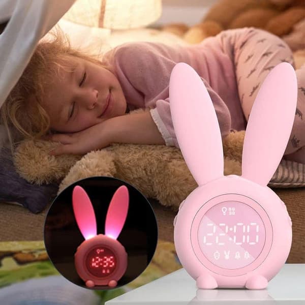 OBOSOE Digital Kids Clock / Kids Vækkeur Kanin – Justerbar Natlys Med 5 Genopladelige Alarmer Til Soveværelse