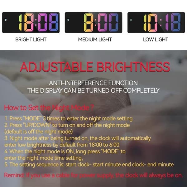 OBOSOE digitalt vækkeur med stort LED-display, USB-opladning, temperatur, dato