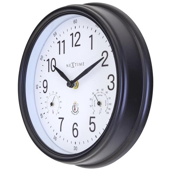 NeXtime NE-4318WI udendørs ur Jasmin + termometer og hydrometer 23,5 cm sort/hvid