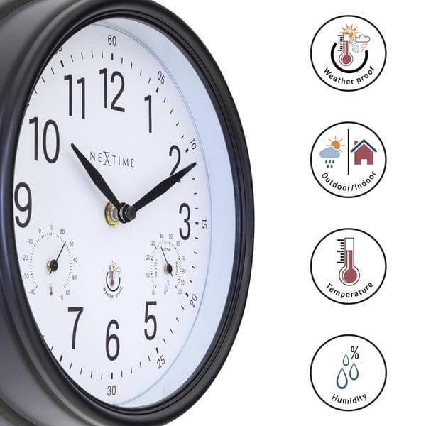 NeXtime NE-4318WI udendørs ur Jasmin + termometer og hydrometer 23,5 cm sort/hvid