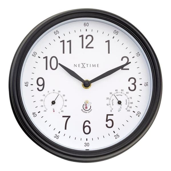 NeXtime NE-4318WI udendørs ur Jasmin + termometer og hydrometer 23,5 cm sort/hvid