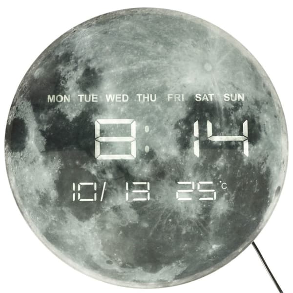 Planet moon väggklocka med LED display, 32 cm, grå