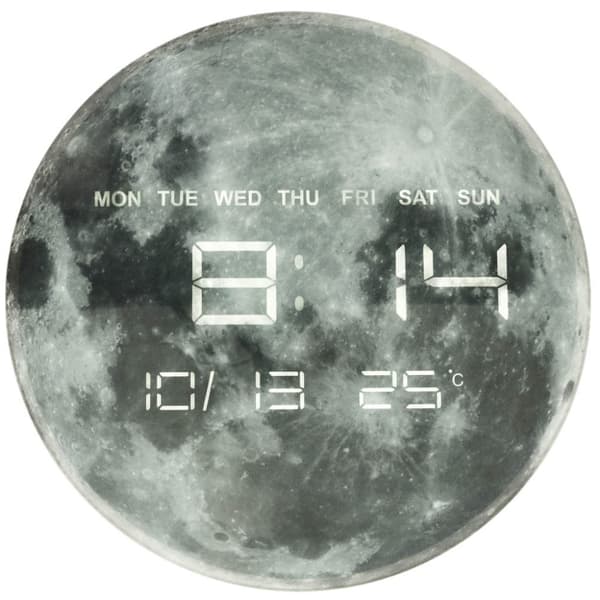 Planet moon väggklocka med LED display, 32 cm, grå