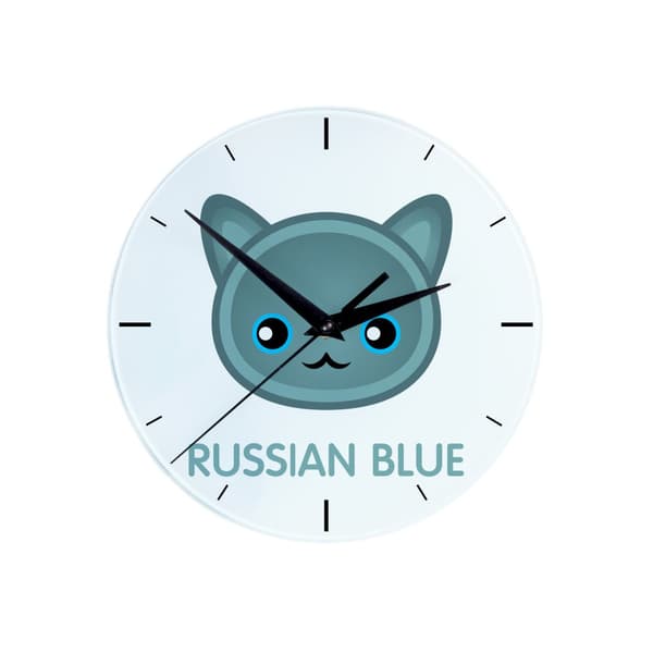 Russisk blå kat - MDF-ur med grafik og inskriptionen af Art-Dog-mærket