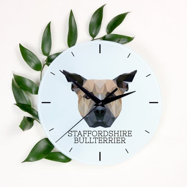 Staffordshire Bull Terrier, Staffik, Staffi - geometrisk väggklocka med ett foto och en inskription från märket Art-Dog