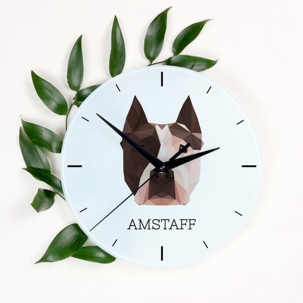American Staffordshire terrier, Amstaff, Amstaf - geometrisk vægur med et foto og en inskription fra Art-Dog-mærket