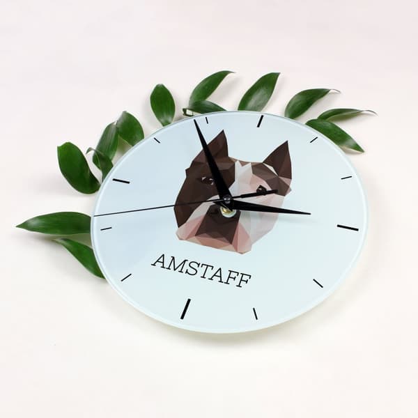 American Staffordshire terrier, Amstaff, Amstaf - geometrisk vægur med et foto og en inskription fra Art-Dog-mærket