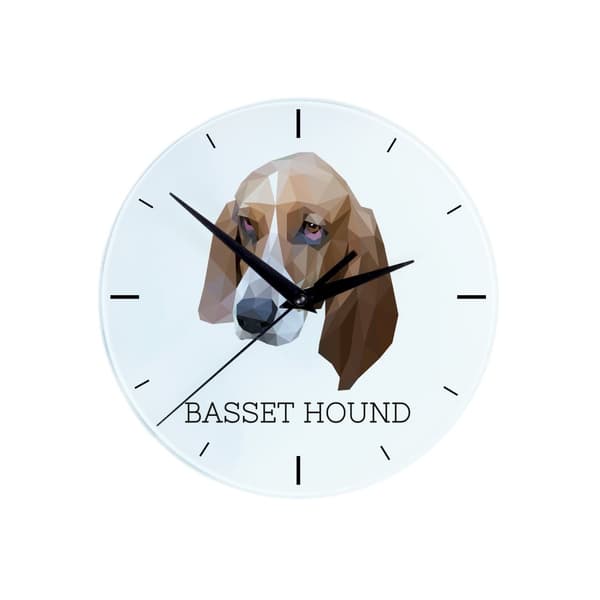 Basset Hound - en geometrisk väggklocka med ett foto och en inskription från märket Art-Dog