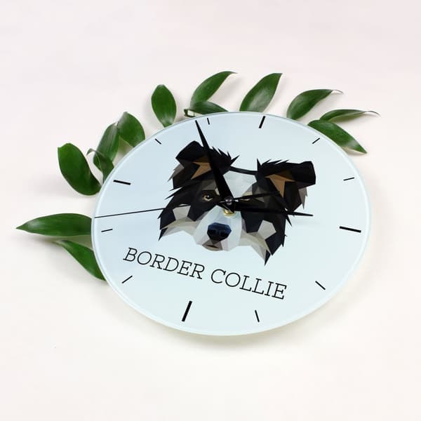 Bordercollie - geometrinen seinäkello, jossa on valokuva ja kirjoitus Art-Dog-brändiltä