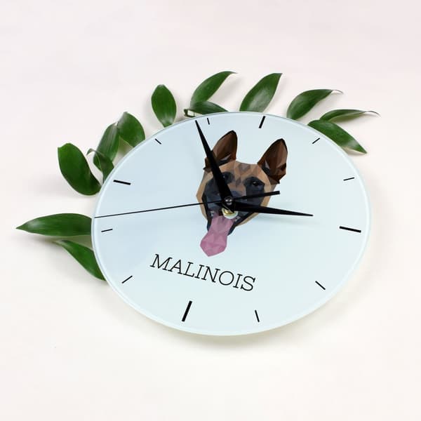 Malinois Belgian Shepherd - geometrisk vægur med et foto og en inskription fra Art-Dog-mærket
