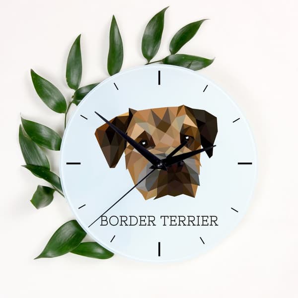 Border Terrier - et geometrisk vægur med et foto og en inskription fra Art-Dog-mærket