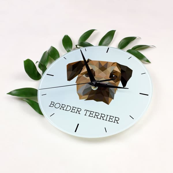 Border Terrier - et geometrisk vægur med et foto og en inskription fra Art-Dog-mærket