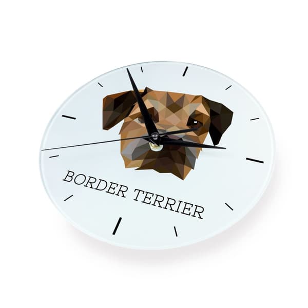 Border Terrier - et geometrisk vægur med et foto og en inskription fra Art-Dog-mærket
