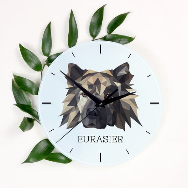 Eurasier, Eurasian - geometrisk väggklocka med ett foto och en inskription från varumärket Art-Dog
