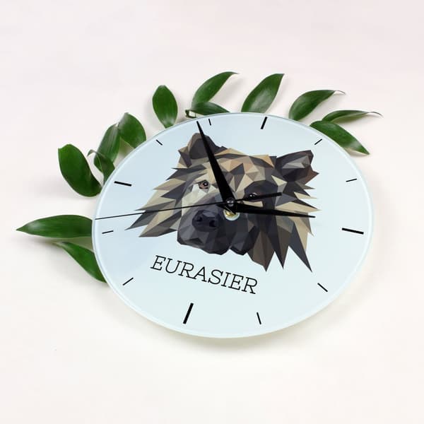 Eurasier, Eurasian - geometrisk väggklocka med ett foto och en inskription från varumärket Art-Dog