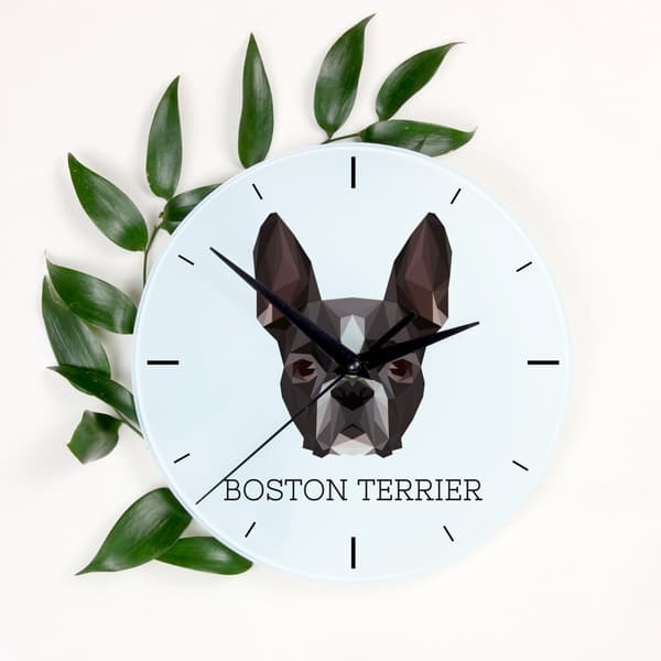 Boston Terrier, Boston Bull Terrier - geometrisk vægur med et foto og en inskription af Art-Dog-mærket