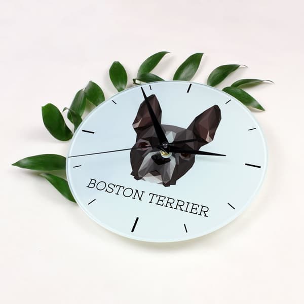 Boston Terrier, Boston Bull Terrier - geometrisk vægur med et foto og en inskription af Art-Dog-mærket