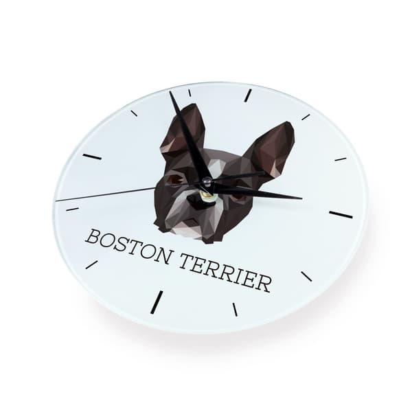 Boston Terrier, Boston Bull Terrier - geometrisk vægur med et foto og en inskription af Art-Dog-mærket