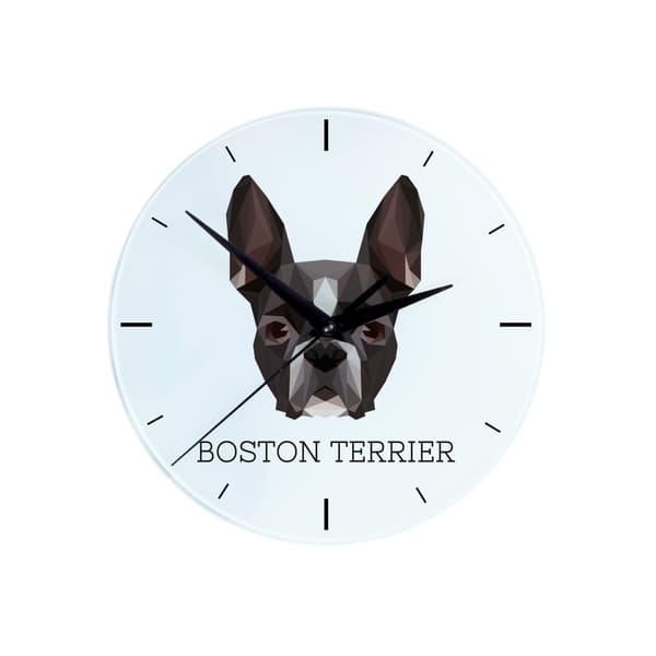 Boston Terrier, Boston Bull Terrier - geometrisk vægur med et foto og en inskription af Art-Dog-mærket