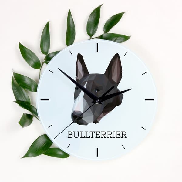 Bull Terrier, Bull Terrier - et geometrisk vægur med et foto og en inskription af Art-Dog-mærket