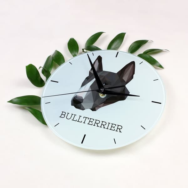Bull Terrier, Bull Terrier - et geometrisk vægur med et foto og en inskription af Art-Dog-mærket