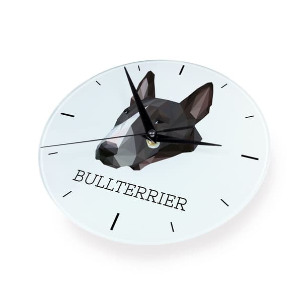Bull Terrier, Bull Terrier - et geometrisk vægur med et foto og en inskription af Art-Dog-mærket