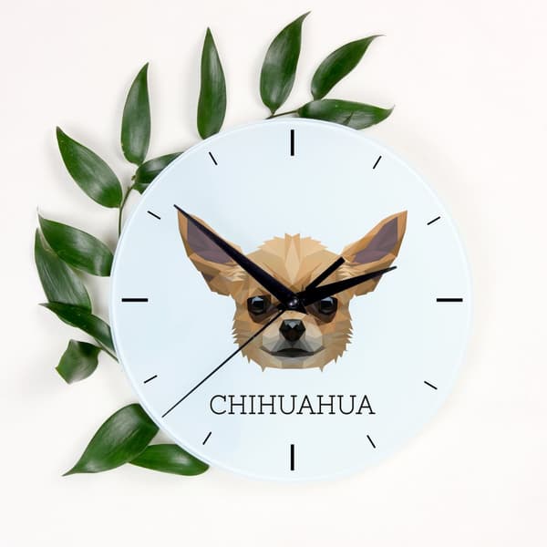 Korthåret Chihuahua - geometrisk vægur med et foto og inskription af mærket Art-Dog