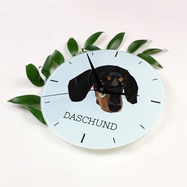 Korthåret gravhund - geometrisk vægur med et foto og inskriptionen af Art-Dog-mærket