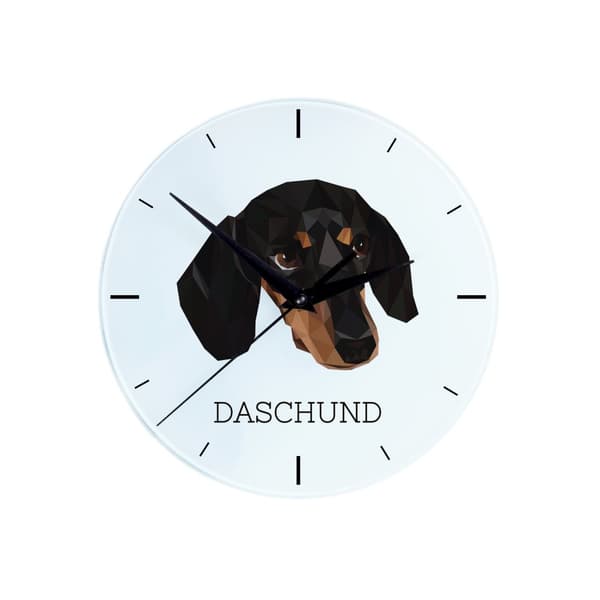 Korthåret gravhund - geometrisk vægur med et foto og inskriptionen af Art-Dog-mærket