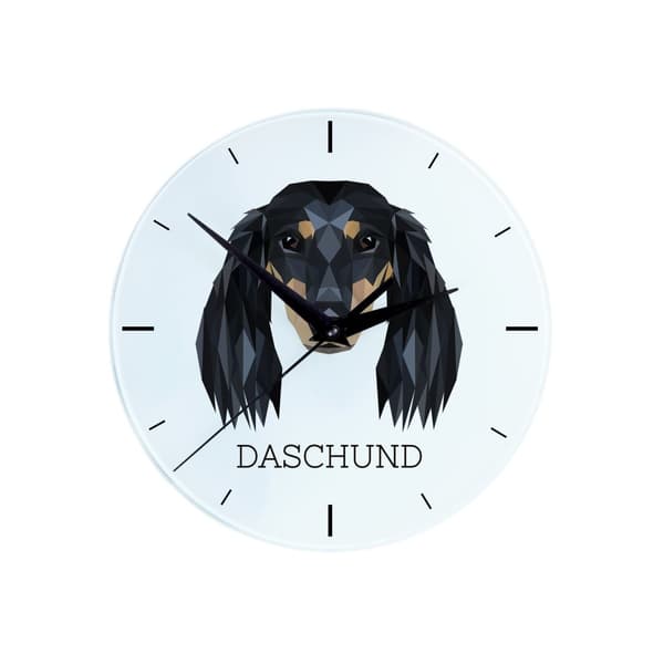 Långhårig tax - geometrisk väggklocka med ett foto och inskriptionen av varumärket Art-Dog