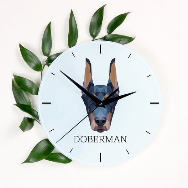 Doberman, Dobermann I - geometrisk väggklocka med foto och inskription av märket Art-Dog
