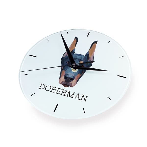 Doberman, Dobermann I - geometrisk väggklocka med foto och inskription av märket Art-Dog