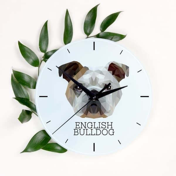 Engelsk Bulldog, Bulldog - en geometrisk väggklocka med ett foto och inskriptionen av varumärket Art-Dog