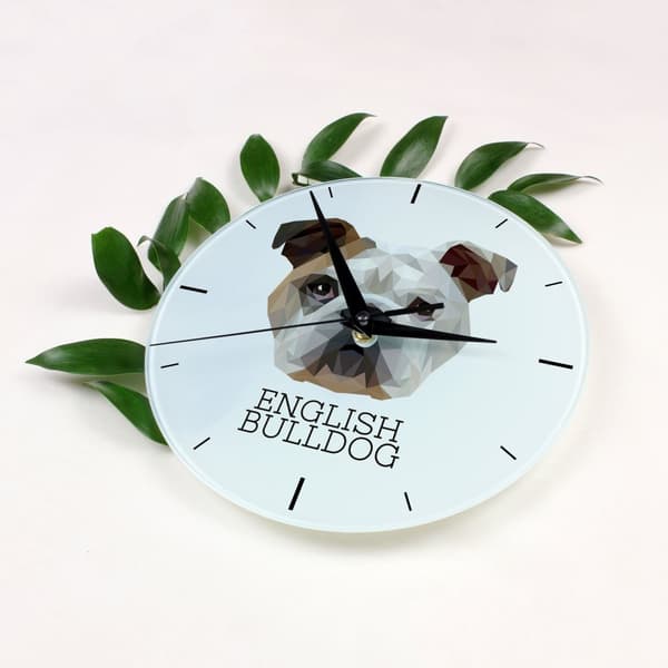 Engelsk Bulldog, Bulldog - en geometrisk väggklocka med ett foto och inskriptionen av varumärket Art-Dog