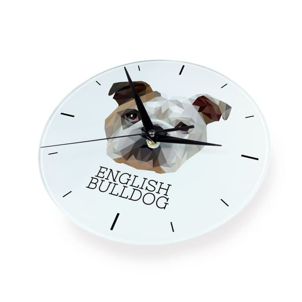 Engelsk Bulldog, Bulldog - en geometrisk väggklocka med ett foto och inskriptionen av varumärket Art-Dog