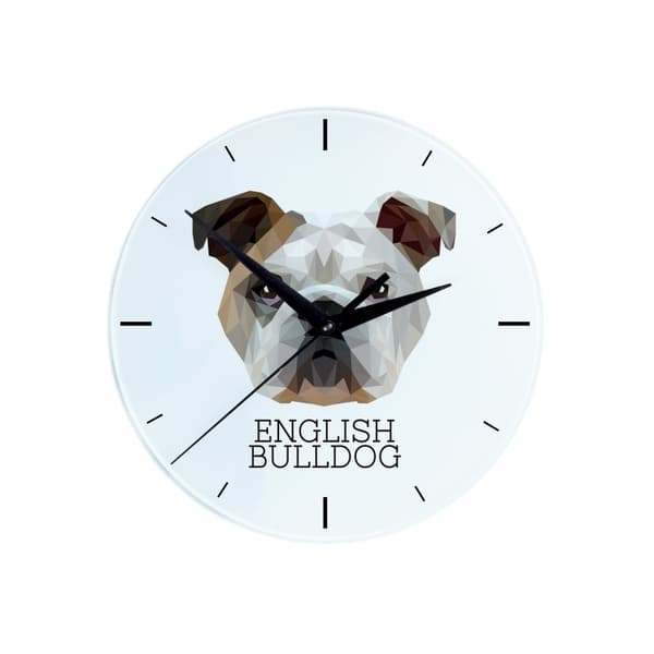Engelsk Bulldog, Bulldog - en geometrisk väggklocka med ett foto och inskriptionen av varumärket Art-Dog